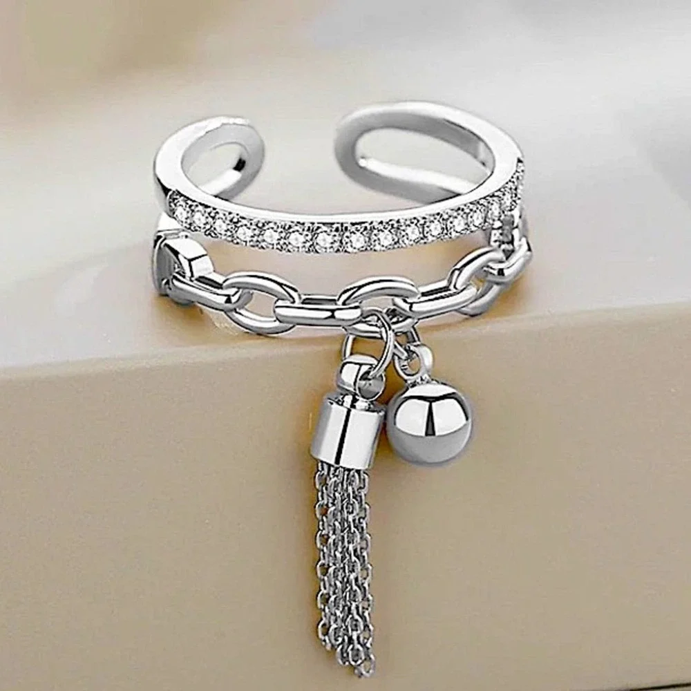 Tassel Ball Drop Sterling Silver Double Stack Ring